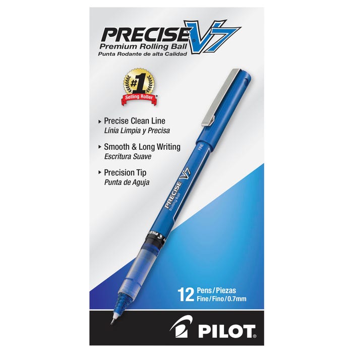 Pilot Precise V7 Premium Rolling Ball Stick Pens, Fine Point, Blue Ink, Pack of 12