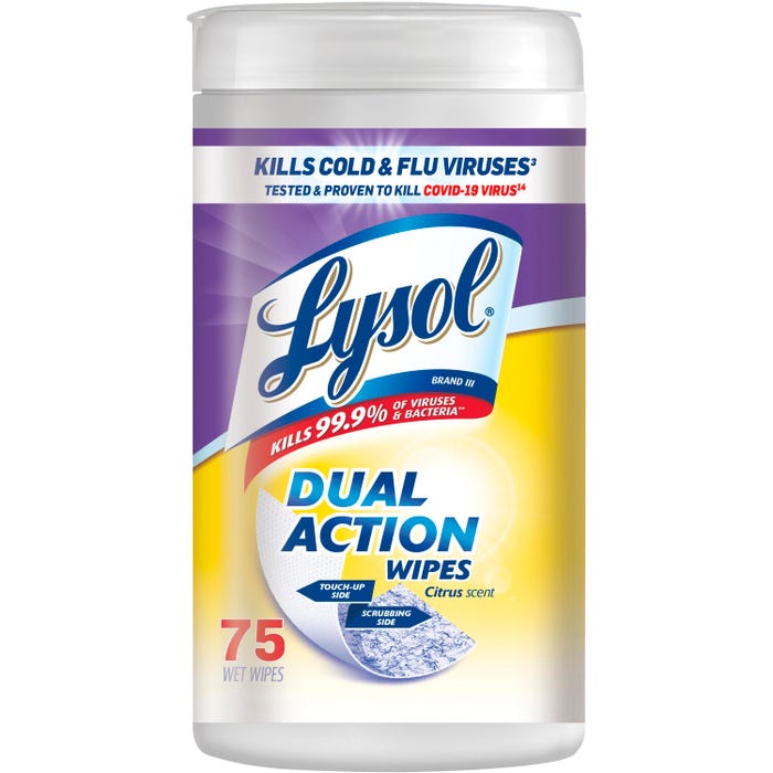 Lysol Dual Action Wipes, Citrus Scent, 75 Wipes, Case of 6