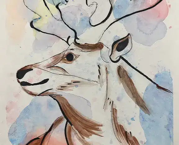 Watercolor painting with black outline of a deer.