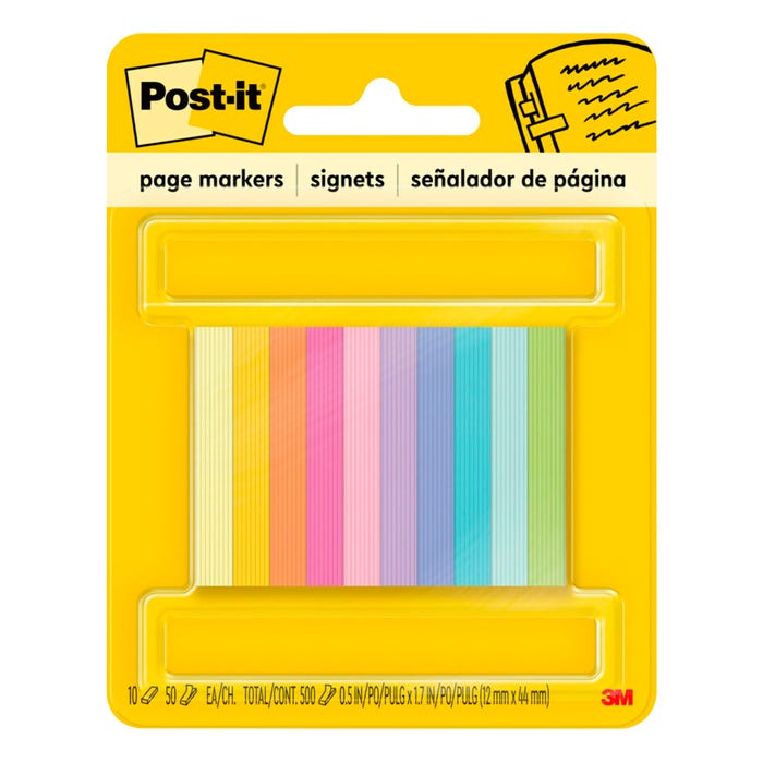 Post-it Page Markers, 1/2 x 2 Inches, Assorted Bright Colors, Pad of 50 Sheets, Pack of 10