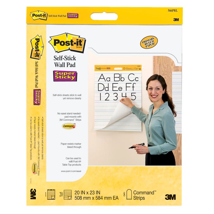 Post-it Self-Stick Primary Ruled Wall Pad, 20 x 23 Inches, White, 20 Sheets, Pack of 2