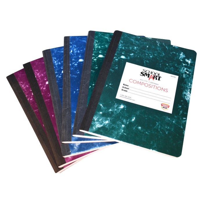 School Smart Marble Composition Books, Wide Ruled, 9-3/4 x 7-1/2 Inches, 100 Sheets Each, Assorted Colors, Pack of 6
