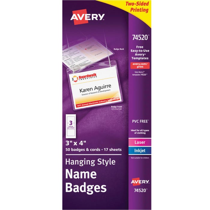 Avery Hanging Style Name Badge Kit, Top Loading, 3 x 4 Inches, White, Pack of 50