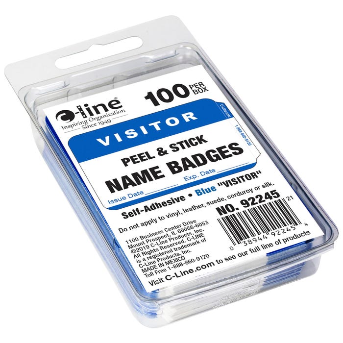 C-Line Visitor Adhesive Name Badges, 3-1/2 x 2-1/4 Inches, Blue Border, Pack of 100