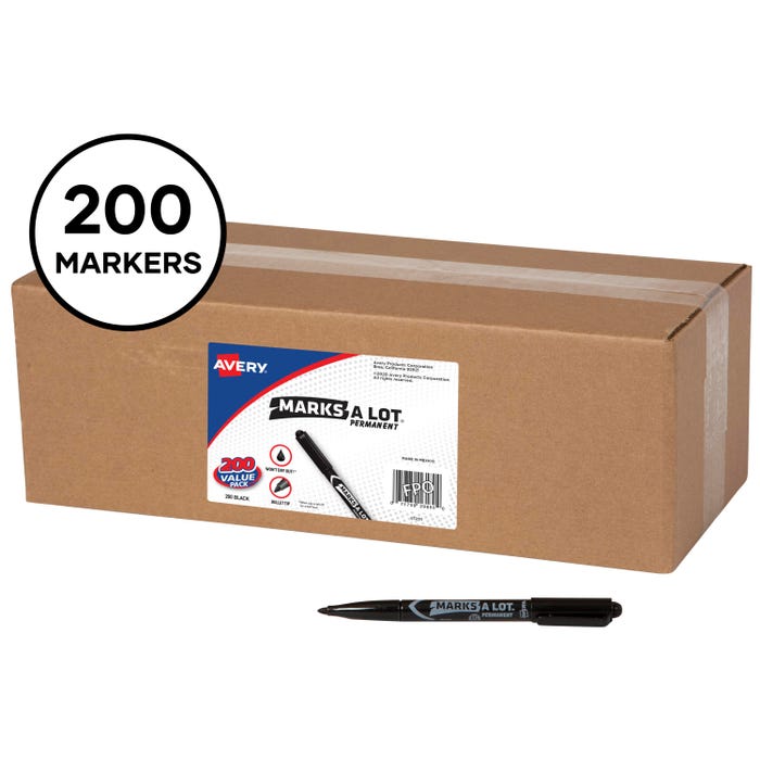 Avery Marks A Lot Permanent Marker Value Pack, Pen Style, Bullet Tip, Black, Pack of 200
