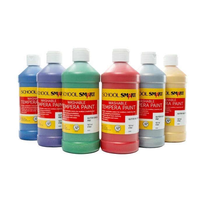 School Smart Washable Tempera Paints, Assorted Glitter Colors, Pint Set of 6
