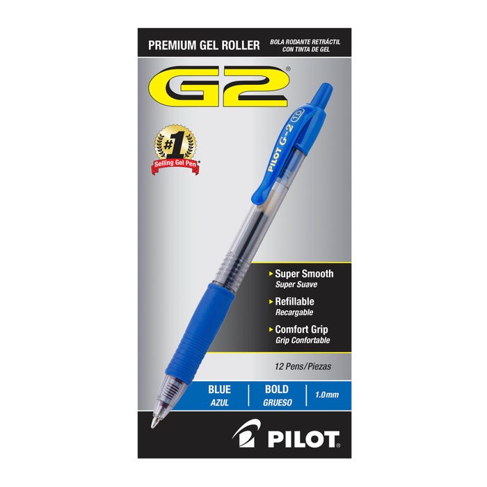 Pilot G2 Premium Retractable Gel Ink Rolling Ball Pen, Bold Point, Blue Ink, Pack of 12