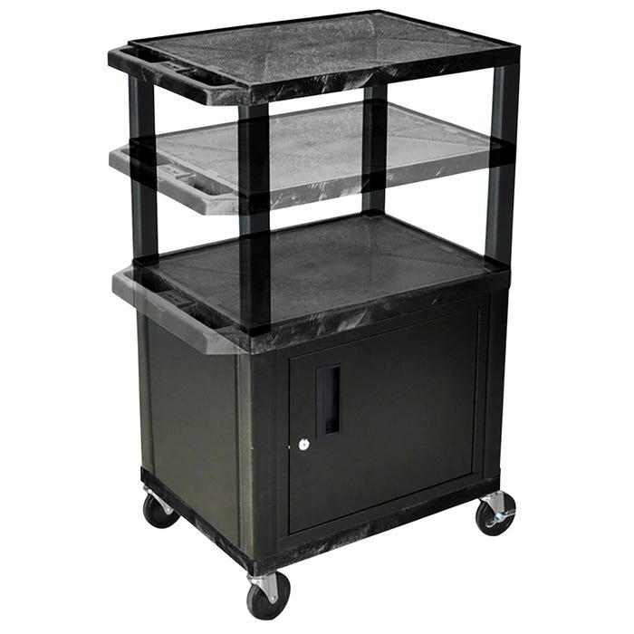 Luxor 3-Shelf Adjustable With Cabinet Tuffy Cart With Power, Black Shelves, Black Legs, Black Cabinet, 24 x 18 x 24-1/2-42