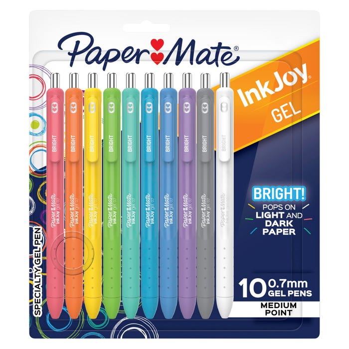 Paper Mate InkJoy Retractable Gel Pens, Medium Point, 0.7 mm, Retractable, Assorted Bright Colors, Set of 10