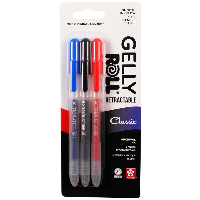 Sakura Gelly Roll Classic Retractable Gel Pens, 0.8 mm Medium, Assorted Colors, Set of 3
