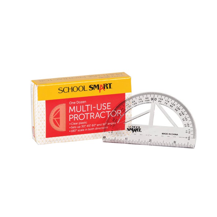 School Smart Plastic Protractors, 180 Degrees, 3-7/8 Inch Ruler Base, Clear, Pack of 12