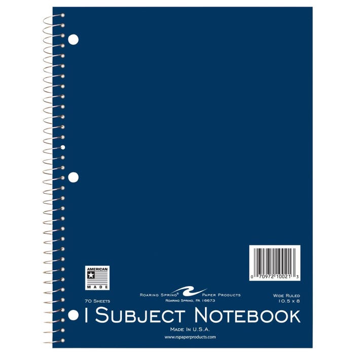 Roaring Spring Wirebound Wide Ruled Notebook, 10-1/2 x 8 Inches, Assorted Colors