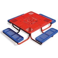UltraSite Pre-School Square Learning Picnic Table, 78-11/16 x 78-11/16 x 20 Inches, Blue Seat, Red Frame, Item Number 1364780
