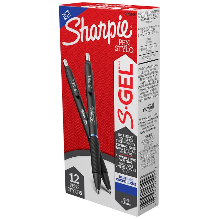Sharpie S-Gel Pens, Fine Point, 0.5 mm, Blue Ink, Pack of 12
