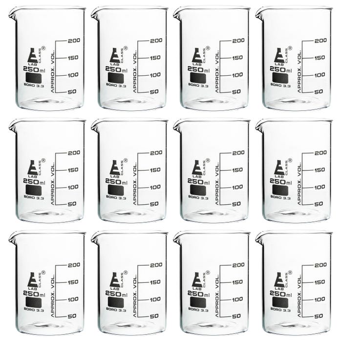 Eisco 250mL Borosilicate Glass Beakers with Spout, Low Form, Pack of 12