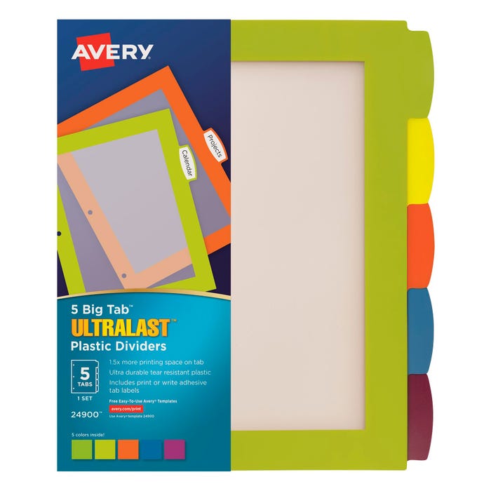Avery Big Tab Ultralast Plastic Dividers, 5 Tab, Multi-Color