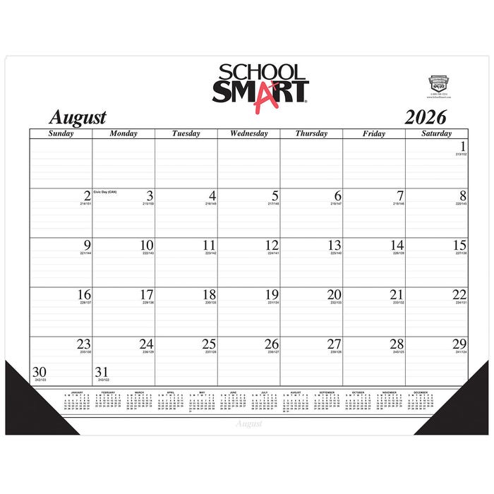 School Smart Academic Desk Pad, 17 Month, August 2026 to December 2027, 22 x 17 Inches