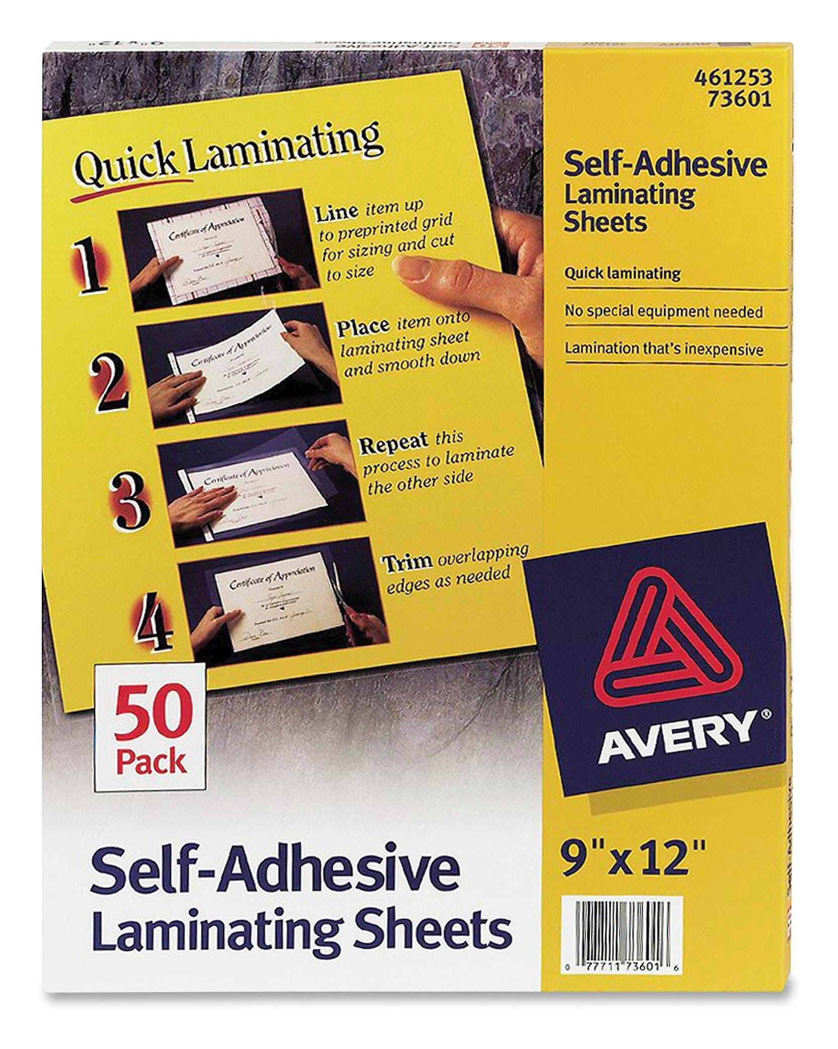 Avery Self-Adhesive Laminating Sheets, 9 x 12 Inches, Clear, Pack of 50, Item Number 1308290