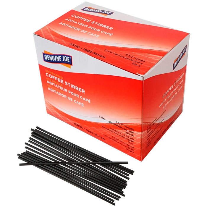 Genuine Joe Plastic Stirrers, 5-1/2 Inches, Black, Box of 1000