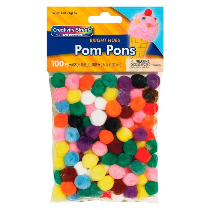 Creativity Street Acrylic Soft N Lively Mini Non-Toxic Pom Pon, 1/2 in, Assorted Bright Color, Set of 100, Item Number 085923
