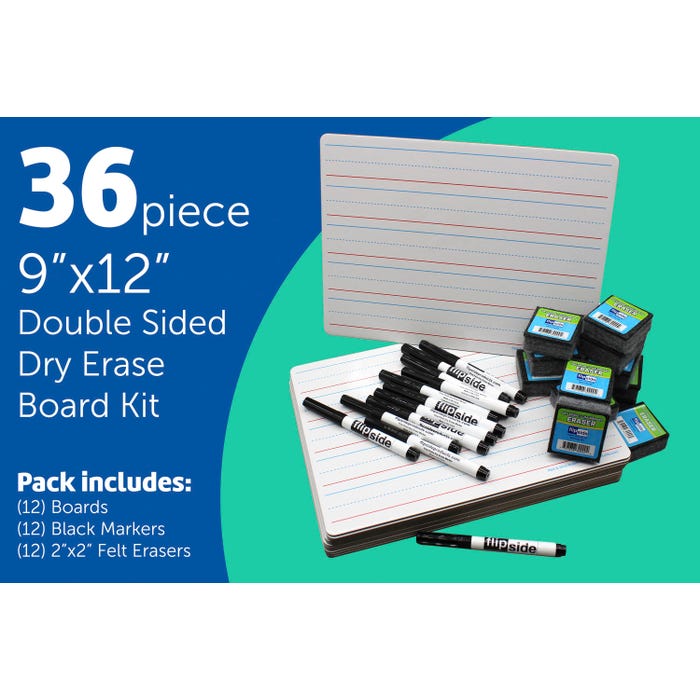 Flipside Dry Erase Lined/Plain Two-Sided Boards Classroom Set with Pens and Erasers, 9 x 12 Inches, Set of 36 Pieces