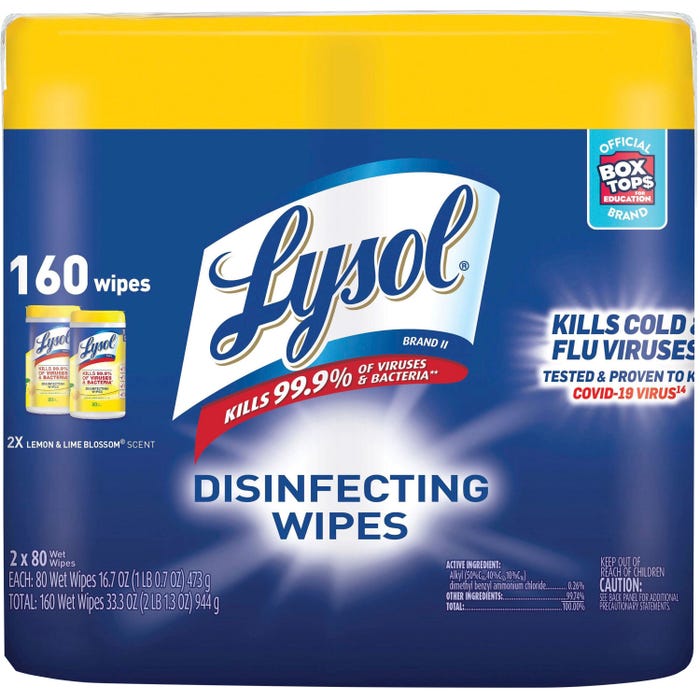Lysol Disinfecting Wipes, Lemon Lime, Pack of 2 with 80 Sheets Each