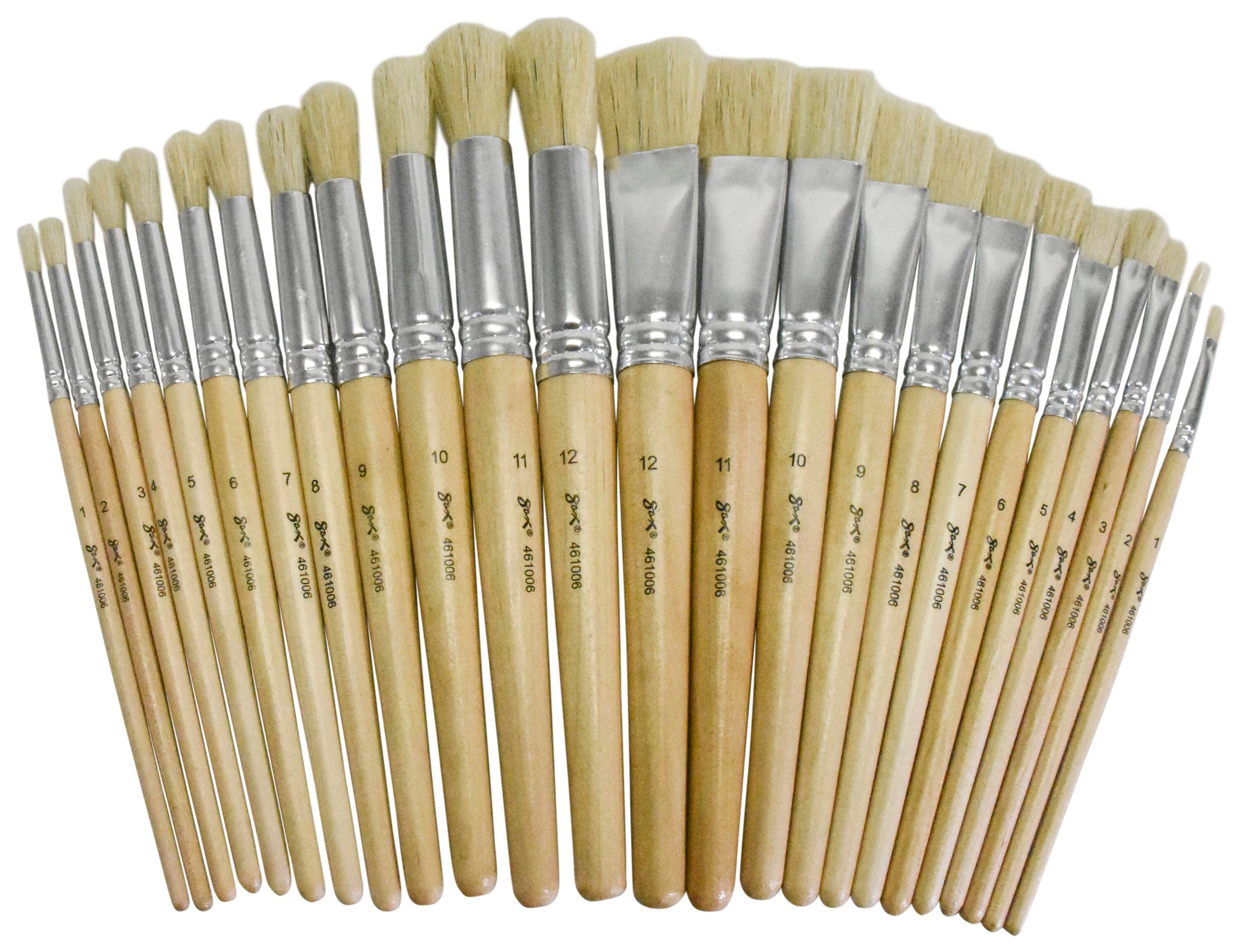 Image for Sax White Bristle Paint Brushes with Short Wooden Handles, Flat and Round Assorted Sizes, Set of 24 from School Specialty