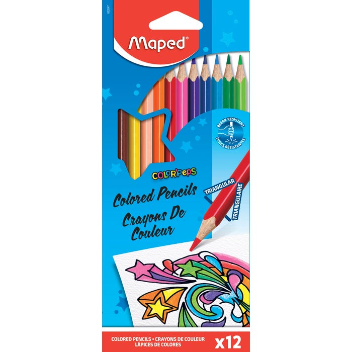 Maped Color'Peps Triangular Colored Pencils, Assorted Colors, Set of 12