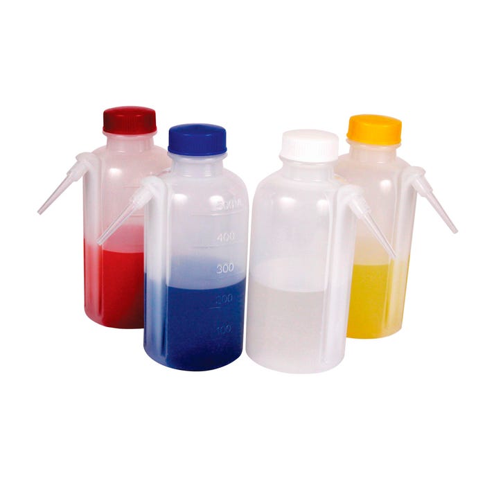 United Scientific Unitary Wash Bottles with Colored Caps, 500 Milliliters, Set of 4