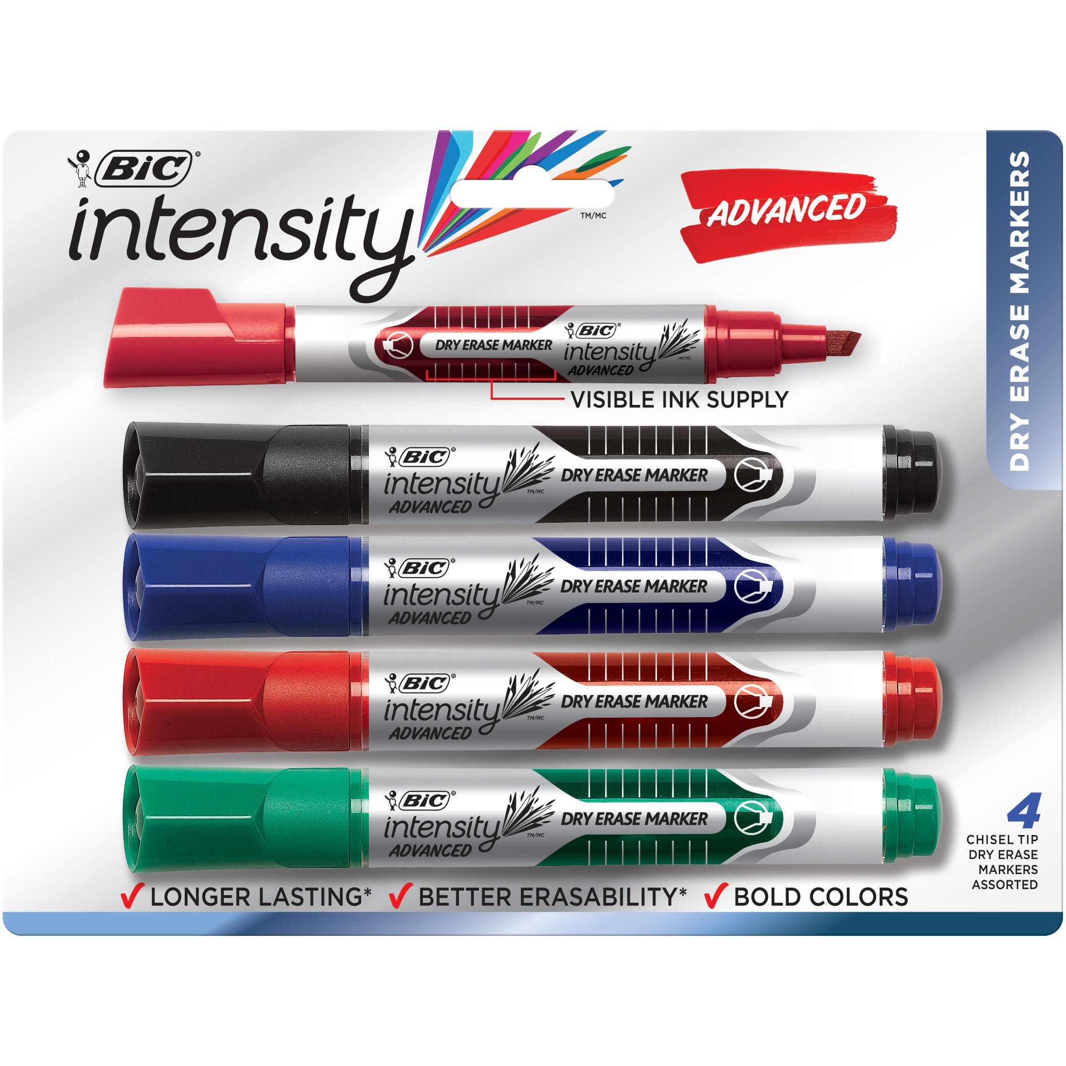Image for BIC Intensity Advanced Dry Erase Markers, Chisel Tip, Assorted Colors, Set of 4 from School Specialty