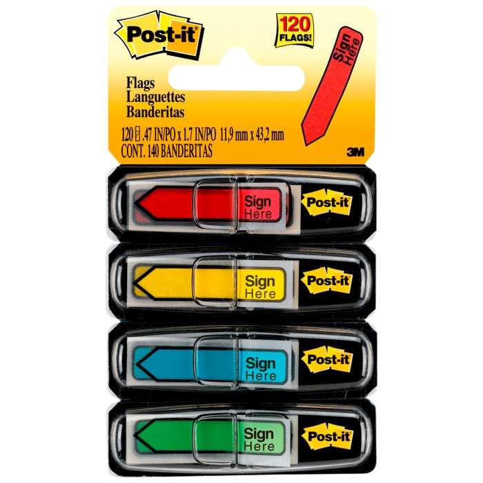 Post-it Sign Here Flags, 1/2 x 1-7/10 Inches, Assorted Primary Colors, Pack of 120