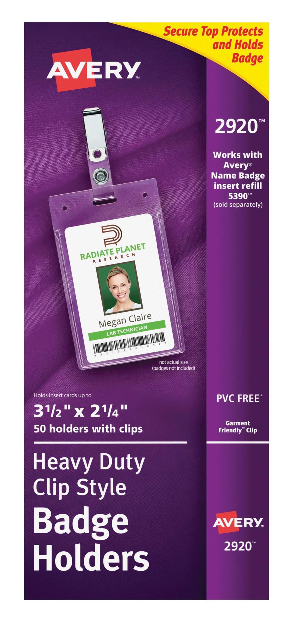 Avery Flexible Vertical ID Badge Holder with Portrait Clip Attachment, 2-1/4 in X 3-1/2 in, Polypropylene, Clear, Pack of 50 1118257
