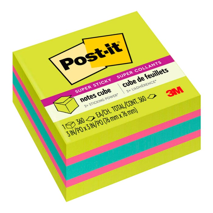 Post-it Super Sticky Notes Cube, 3 x 3 Inches, Bright Colors, 1 Cube per Pack, 360 Sheets per Cube