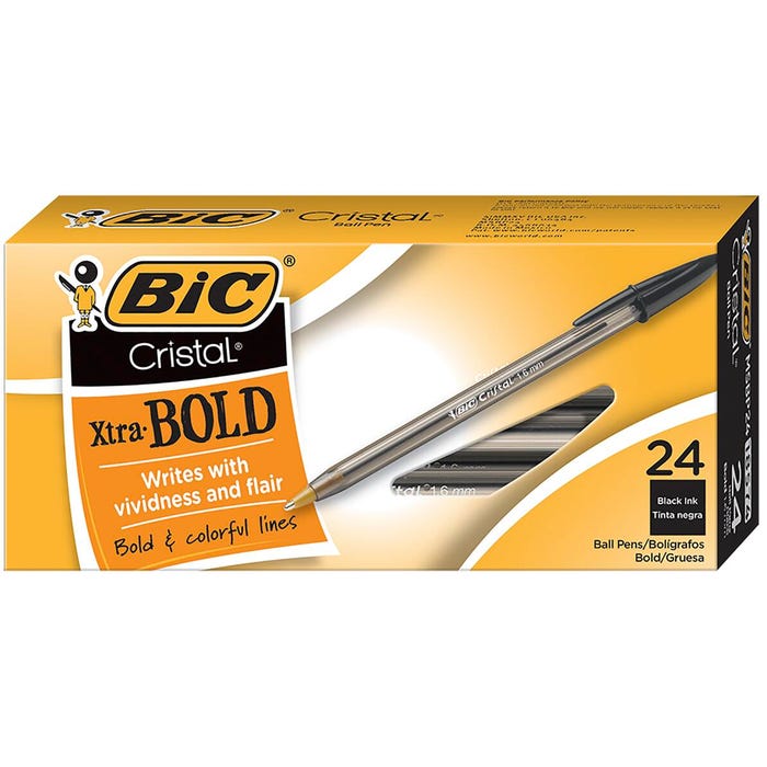 BIC Cristal Xtra Bold Ballpoint Pens, 1.6mm, Bold Point, Black, Pack of 24