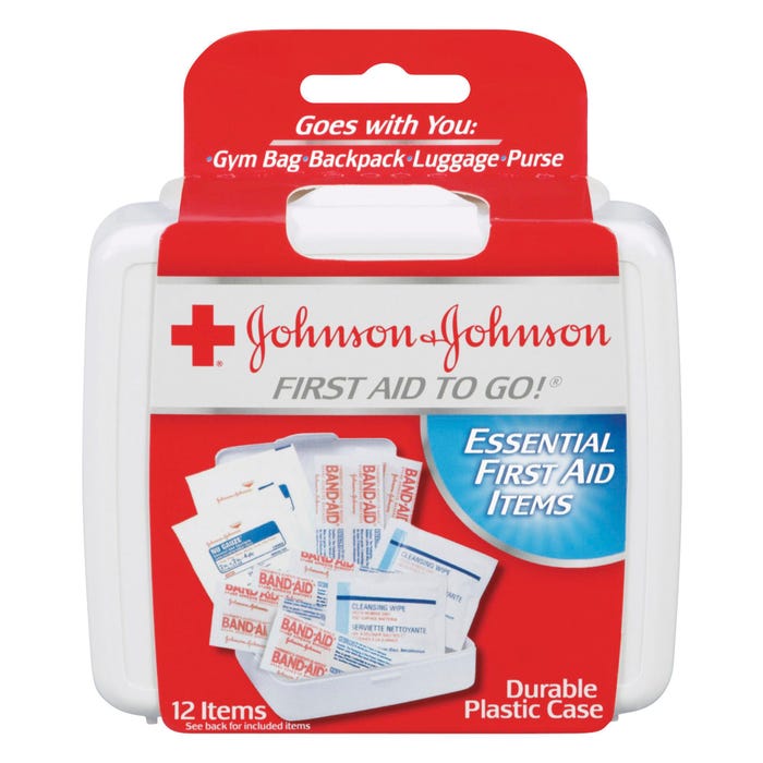 Johnson & Johnson Essential Mini First Aid Kit, 4-1/4 X 4 X 1 in, White, Pack of 12