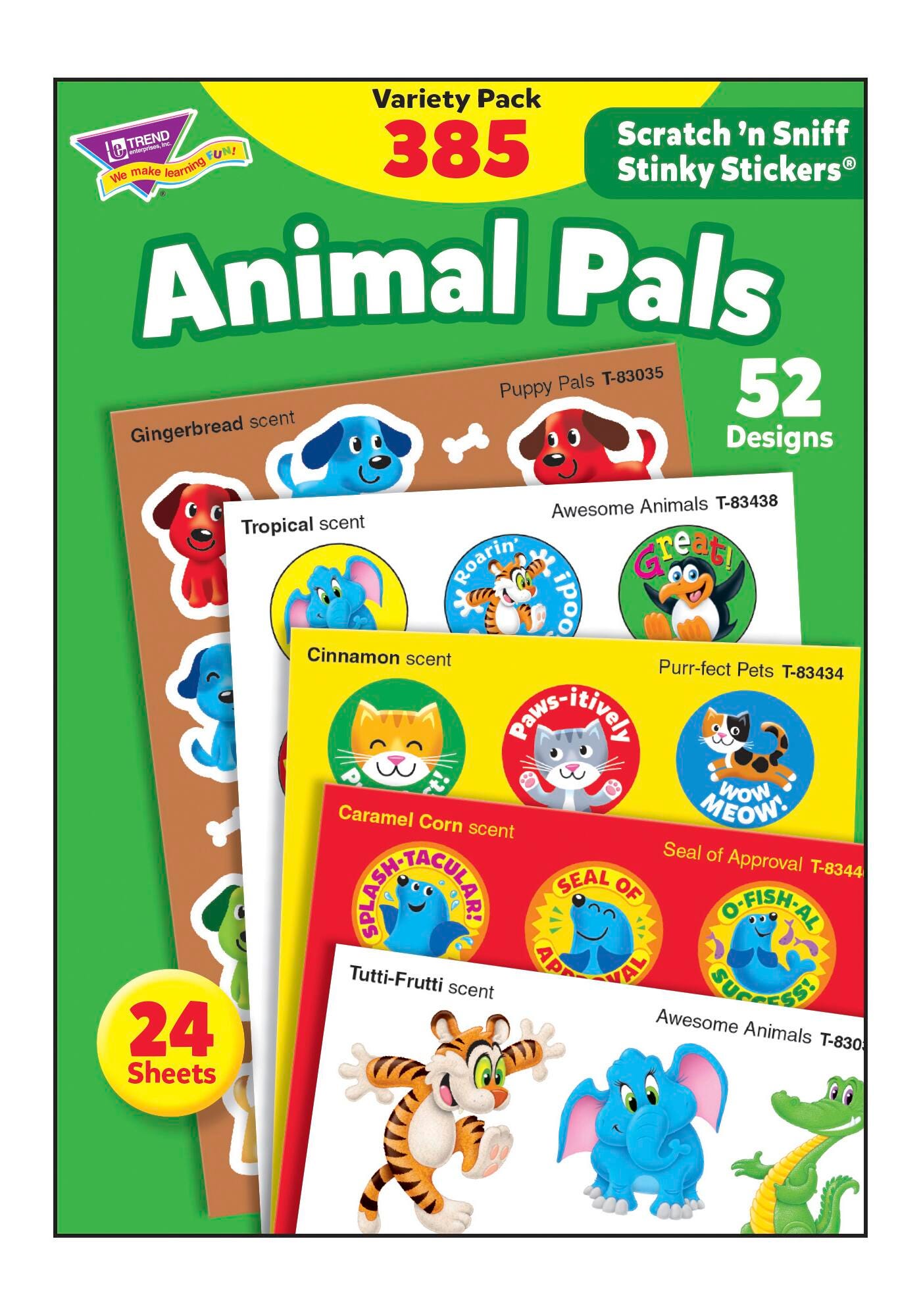 Trend Enterprises Animal Pals Scratch 'N Sniff Stinky Stickers, 52 Designs, 5 Scents, Pack of 385, Item Number 1597423