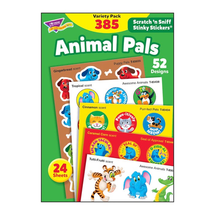 Trend Enterprises Animal Pals Scratch 'N Sniff Stinky Stickers, 52 Designs, 5 Scents, Pack of 385
