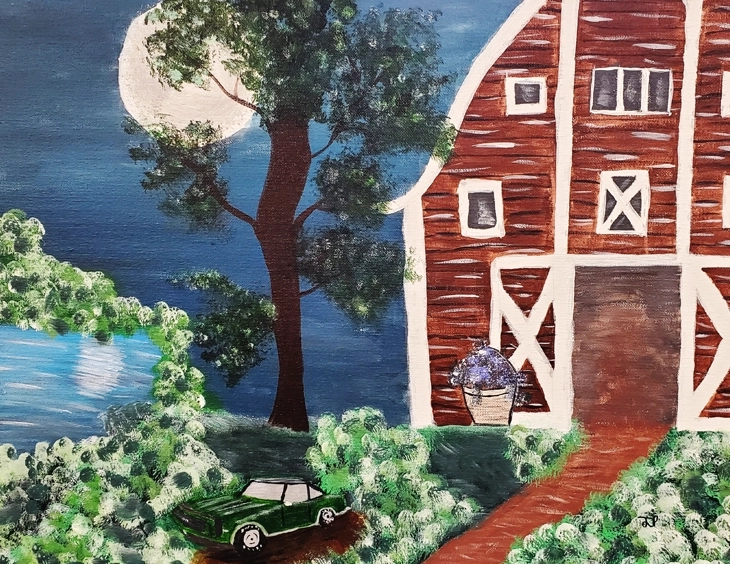 Oil painting of a green Camaro outside of a large barn.