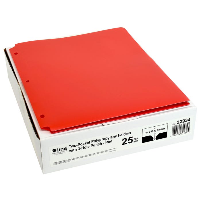C-Line Poly Portfolio Folder, 3-Hole Punch, 2-Pocket, Red, Pack of 25