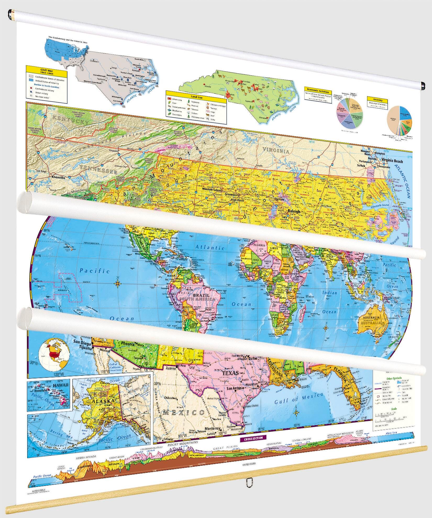 Social Studies NORTH CAROLINA/U.S./WORLD MAP COMBO, Markable, Erasable, Grades 4-12, Item Number 1566321