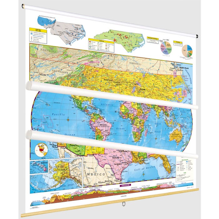 Social Studies NORTH CAROLINA/U.S./WORLD MAP COMBO, Markable, Erasable, Grades 4-12