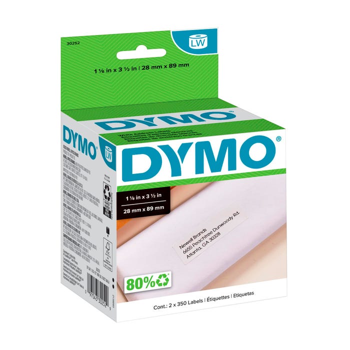 DYMO LabelWriter Address Labels, 1-1/8 x 3-1/2 Inches, White, 250 Labels/Roll, Pack of 2 Rolls