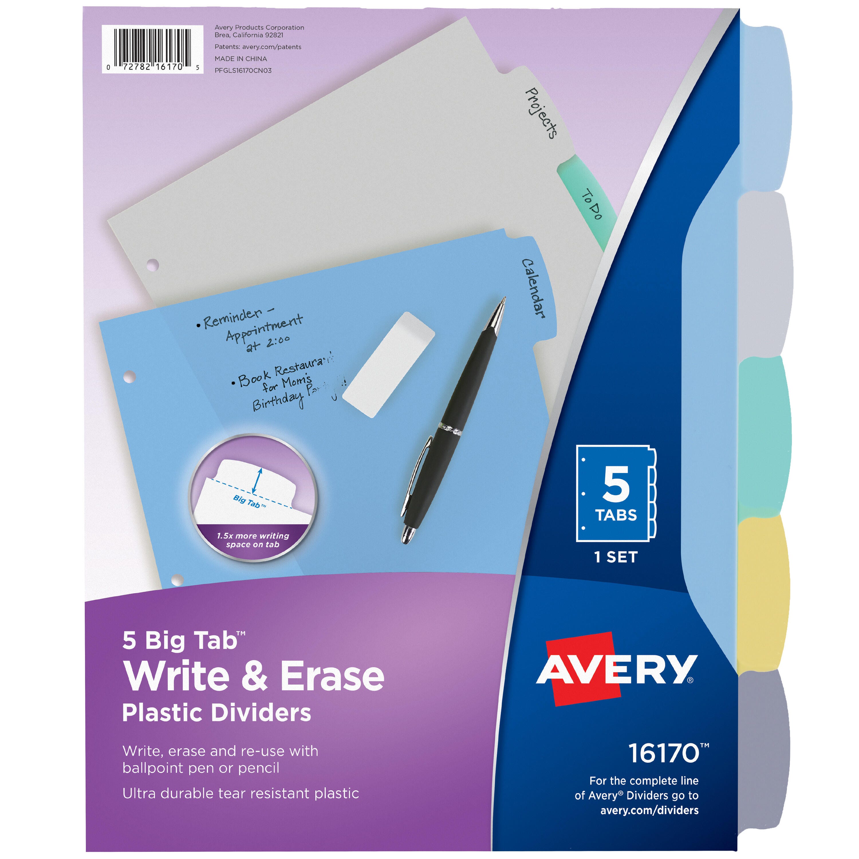 Avery Big Tab Write & Erase Dividers, 5 Tab, Multi-Color 1308219