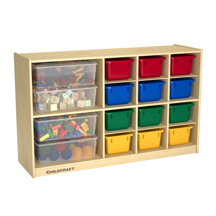 Childcraft Mobile Storage Unit, 12 Assorted Colored Trays, 4 Translucent Trays, 47-3/4 x 14-1/4 x 30 Inches