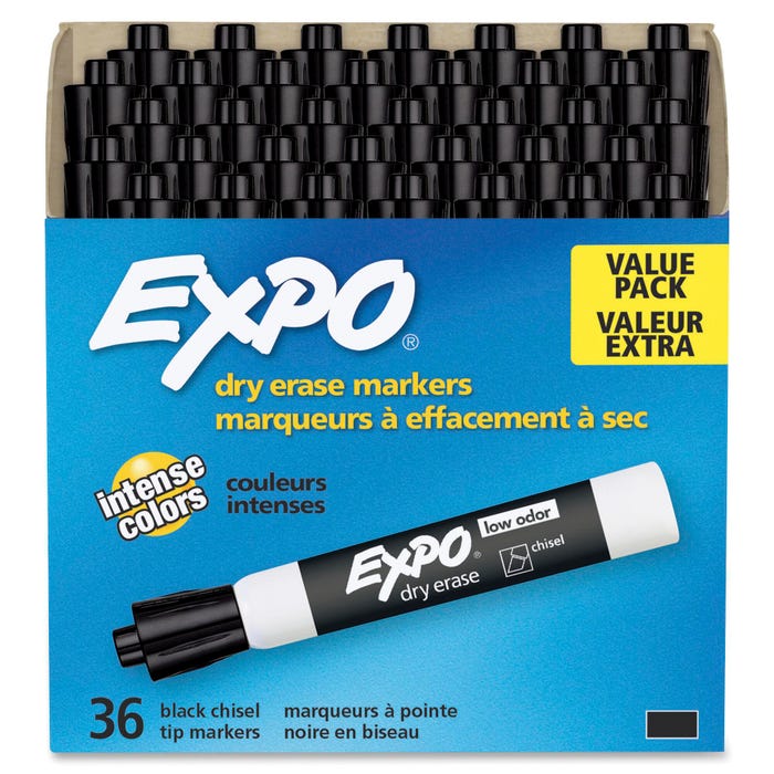 EXPO Low Odor Dry Erase Markers, Chisel Tip, Black, Pack of 36