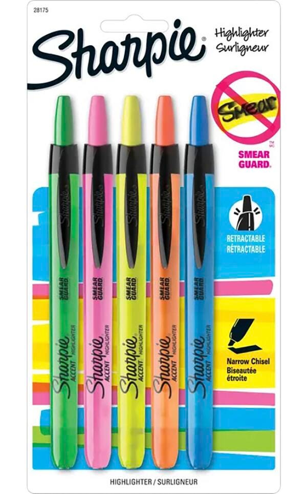 Sharpie Accent Smear Guard Non-Toxic Retractable Highlighter Set, Chisel-Narrow Tip, Assorted Color, Set of 5 081764