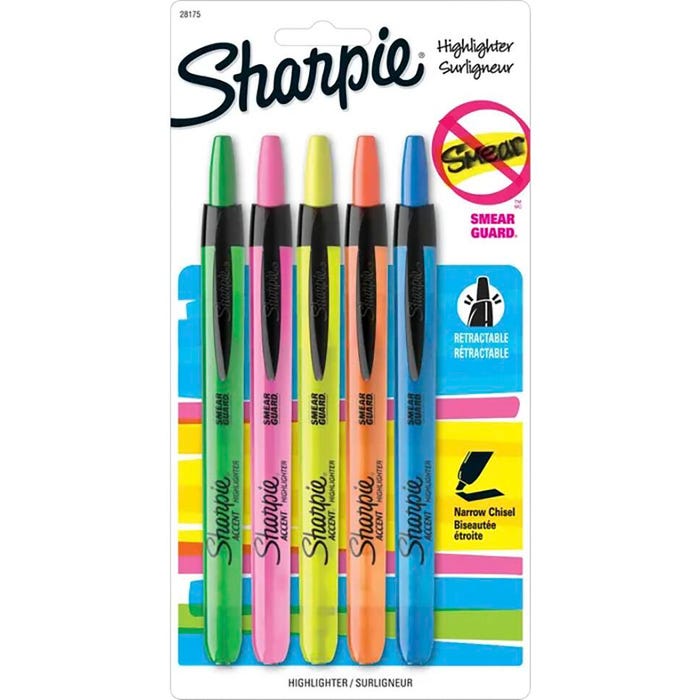 Sharpie Accent Smear Guard Non-Toxic Retractable Highlighter Set, Chisel-Narrow Tip, Assorted Color, Set of 5