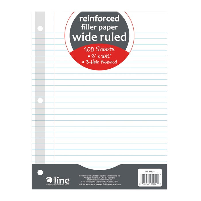 C-Line Reinforced Filler Paper, Wide Ruled, 3-Hole Punched, 8 x 10-1/2 Inches, White, 100 Sheets