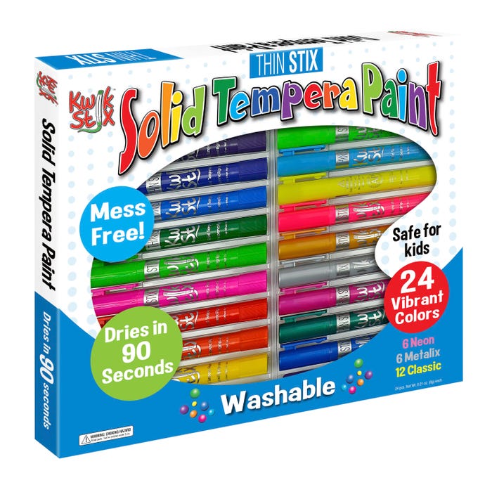 Kwik Stix Solid Tempera Paints Combo Pack, Thin Size, Assorted Colors, Set of 24