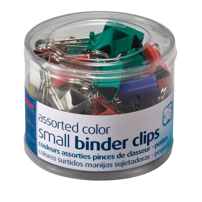 Officemate Binder Clips, Small, 3/8 Inch Capacity, Assorted Colors, Pack of 36